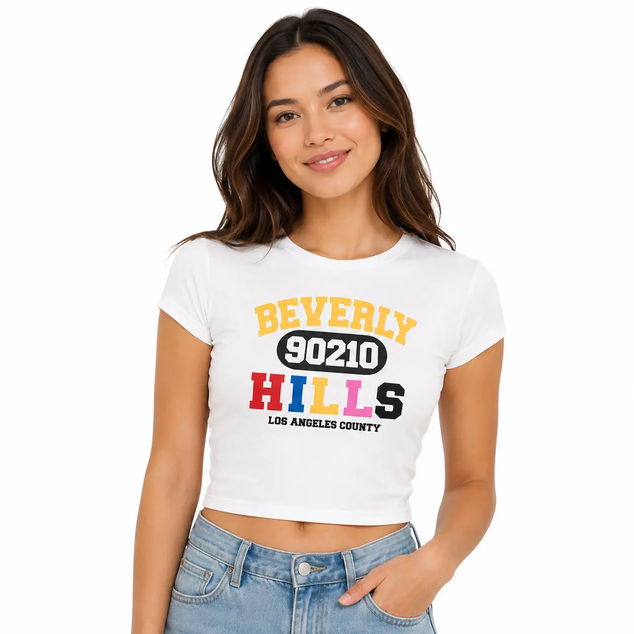 Women’s White Fitted Crop Top, Beverly 90210 Hills Graphic Baby Tee, Los Angeles County Varsity Letter Print Short Sleeve Crew Neck T-Shirt, Y2K Casual Summer Going Out Streetwear Top a-10-1124
