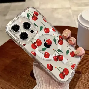 Magsafe Magnetic Wireless Charging Cute sweet cherry Case For iPhone 16 15 14 13 12 11 Plus Pro Max X XS XS MAX 16E anti-drop high penetration Back plate hard acrylic  edge TPU soft cover