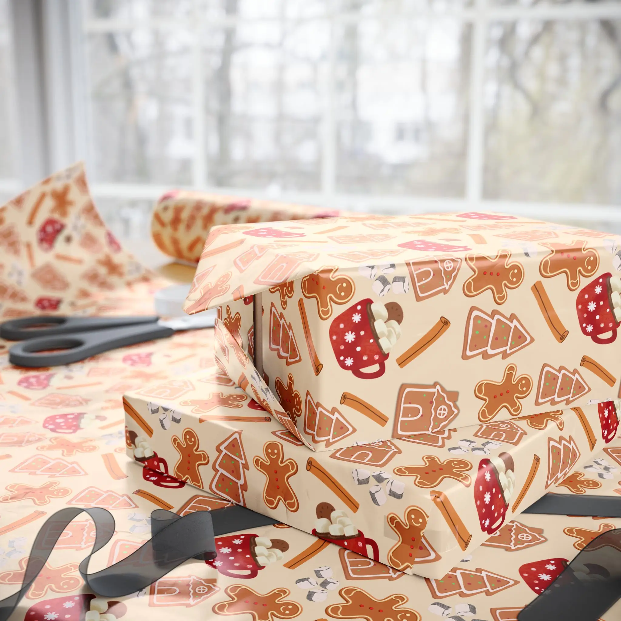 Gingerbread Christmas Wrapping Paper, Holiday Gift Wrap, Festive Wrapping Sheets Winter Celebration Decor GLOSSY