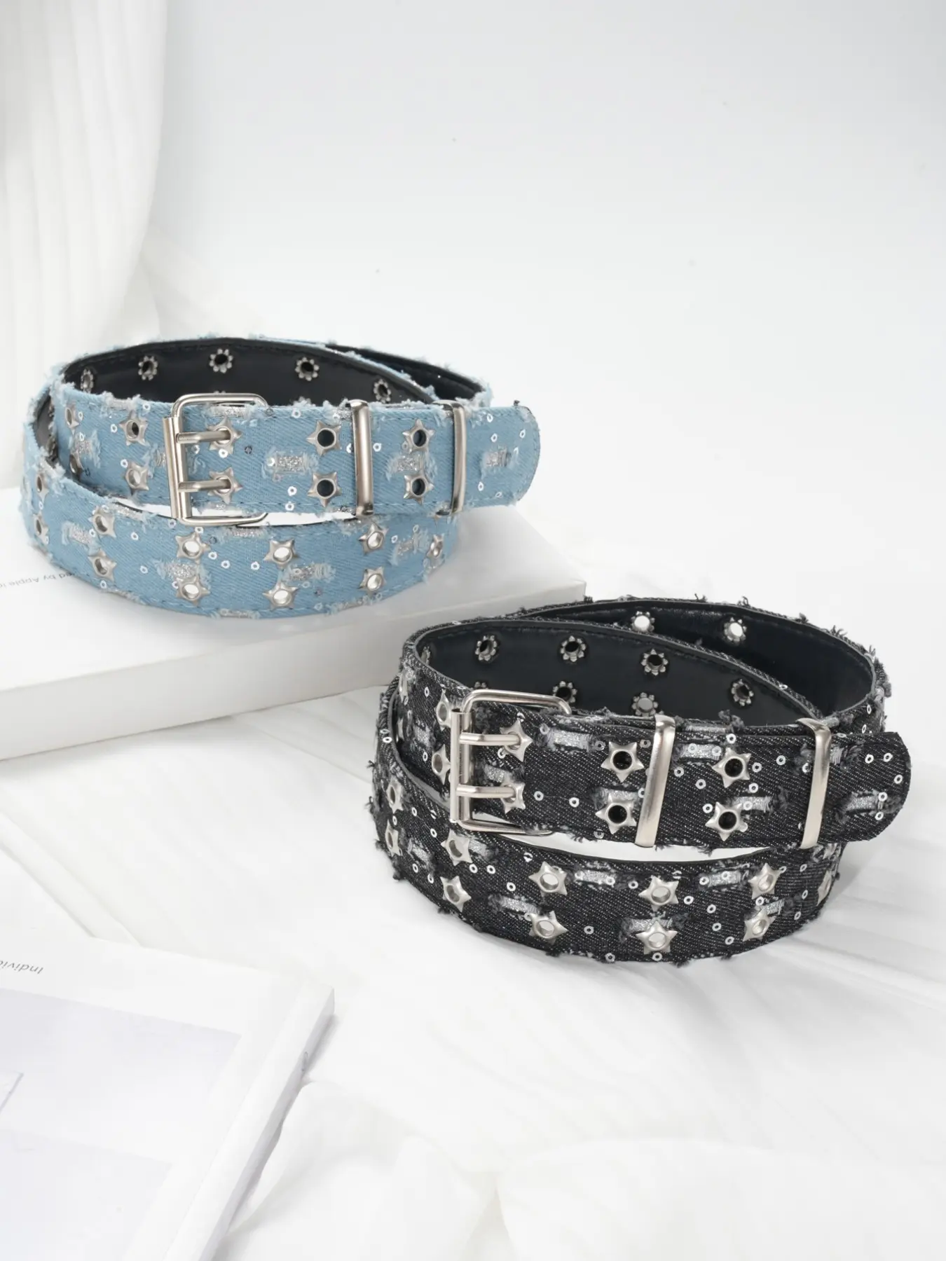 Denim Fabric Punk Style Star Double-Breasted Belt, Korean Fashion Pentagram Decorative Waist Belt with Eyelets, PU Belt for Pants, Star Decorated Belt, Casual Belt, Fashion Belts, Alt Belt, Cool Belts, Trendy Belt