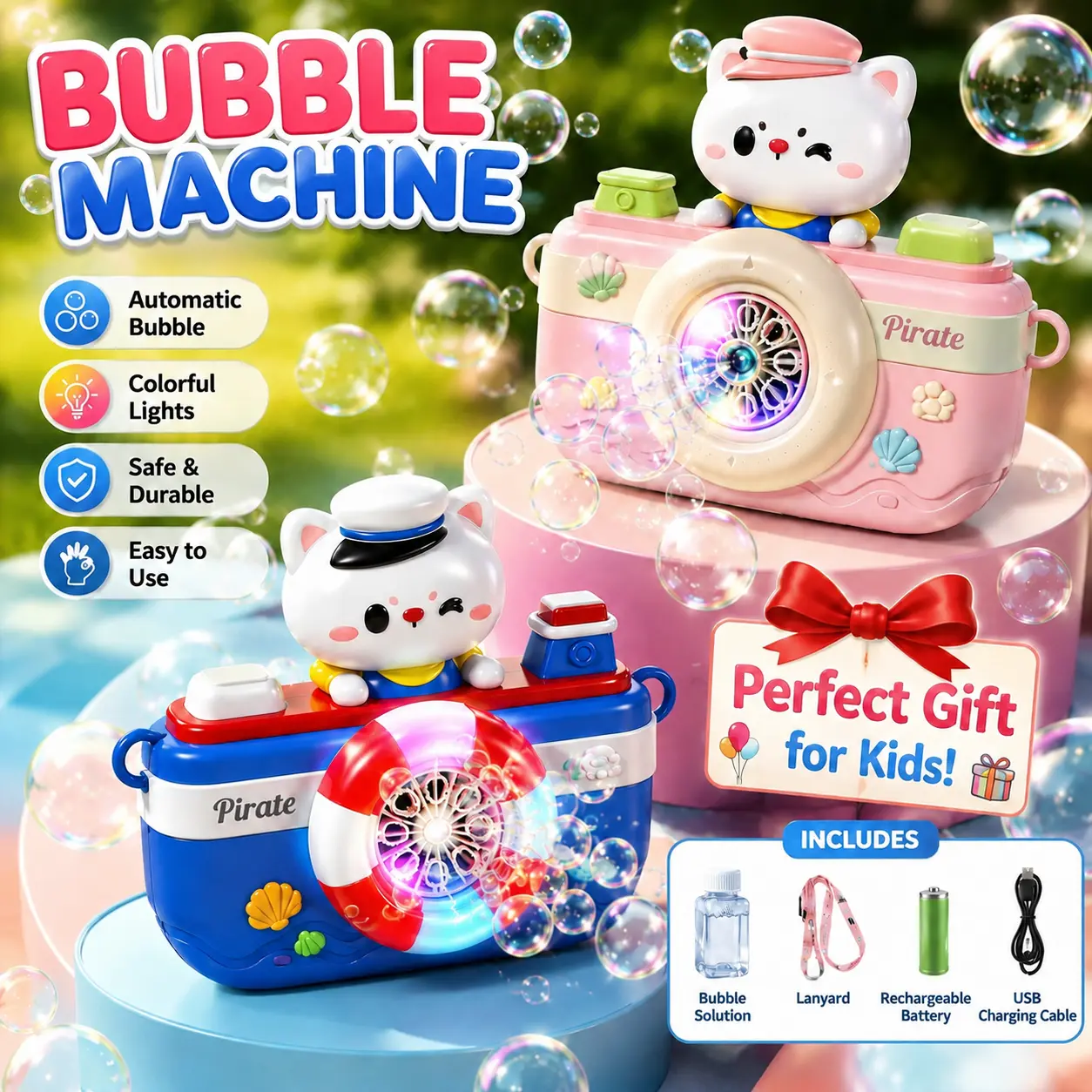 Bubble Machine,Rechargeable Bubble Maker for Kids,Music & LED Lights, Bubble Machine Summer Toys Birthday Gifts for Toddlers Boys&Girls