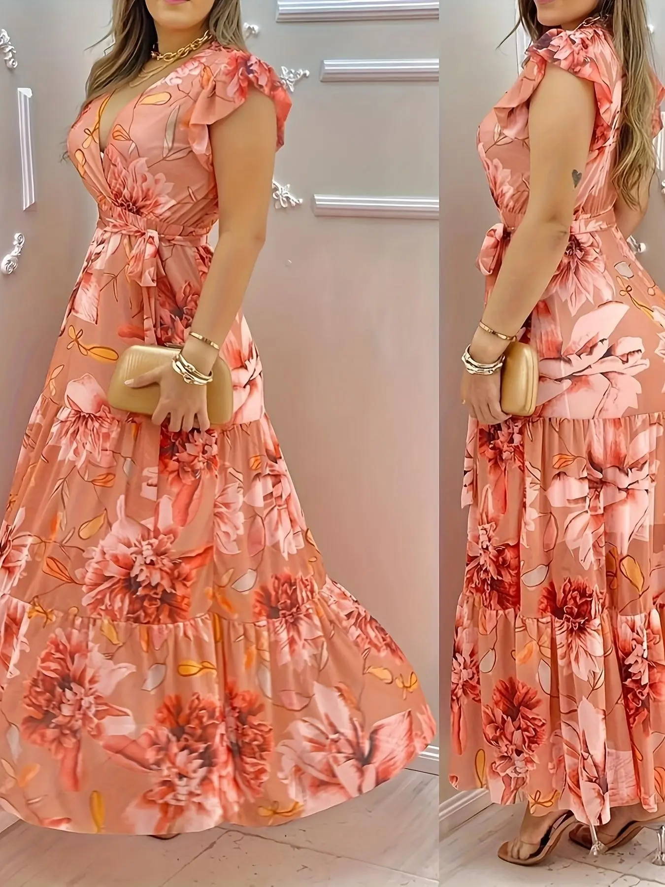 New Women's V Neck Floral Print Chiffon Breathable Maxi Dress with Adjustable Waist Belt, Slim-Fitting Summer Dress for Club Parties and Special Occasions, Elegant Formal Dress, Womenswear, Chiffon Prom Dress