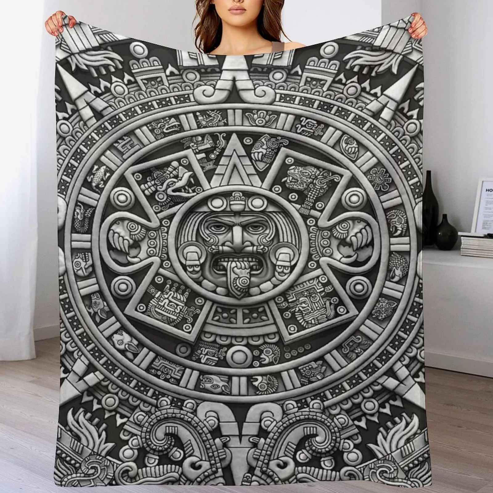 Aztec Calendar Sun Stone Fleece Blanket, Ancient Mayan Mythology Graphic, Black White Geometric Print Soft Cozy Throw, Mexican Art Home Decor Gift for Couch Bed