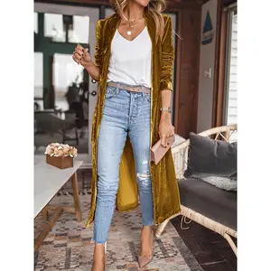 Solid Open Front Velvet Cardigan, Casual Long Sleeve Long Length Cardigan Coat, Women's Clothing