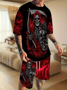 Men's Printed Short Sleeve T-Shirt + Shorts Set, Casual Sportswear, Breathable Outdoor Wear, Summer 3D Set, Adult Men, Menswear Outfit