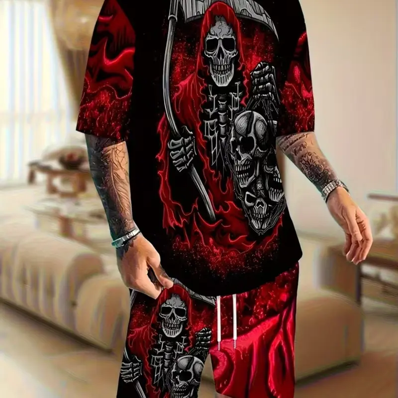 Men's Printed Short Sleeve T-Shirt + Shorts Set, Casual Sportswear, Breathable Outdoor Wear, Summer 3D Set, Adult Men