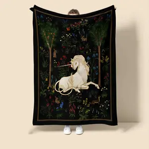 Enchanting Cartoon Unicorn Flannel Blanket, All-Season, Machine Washable, Multi-Color Throw with Magical Forest and Floral Design