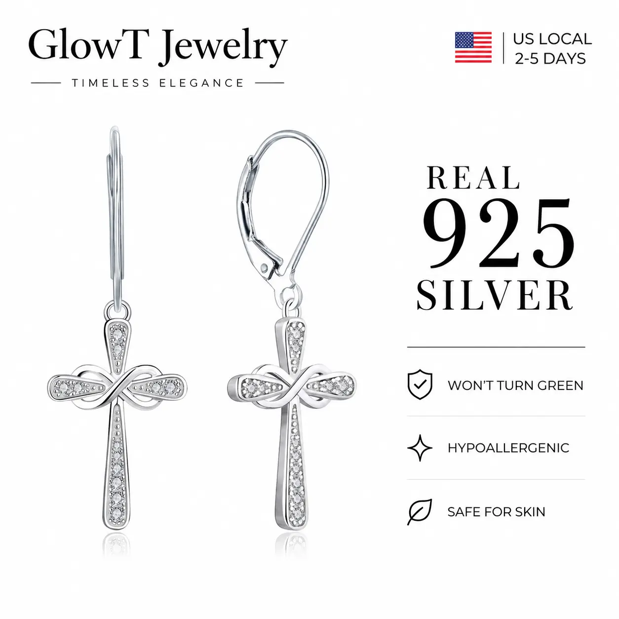 925 Sterling Silver Cross Earrings Infinity Dangle Drop Earrings Dainty Cubic Zirconia Decorated Faithful Jewelry for Protection