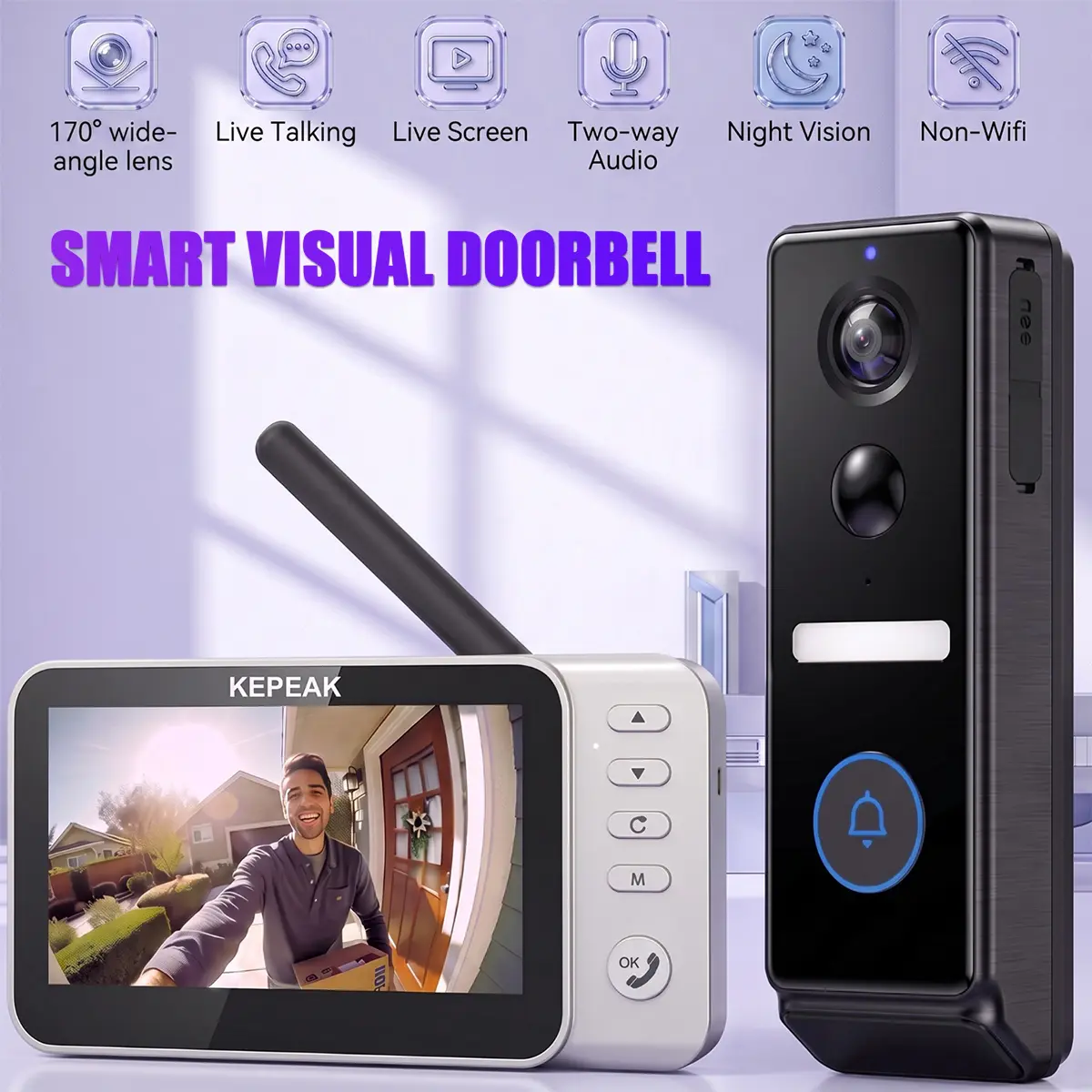 KEPEAK Non-Wifi Smart Visual Doorbell - 170° Wide-Angle Lens, Outdoor Home Security Device with Real-Time Talk, 2-Way Audio, Live Screen, Night Vision