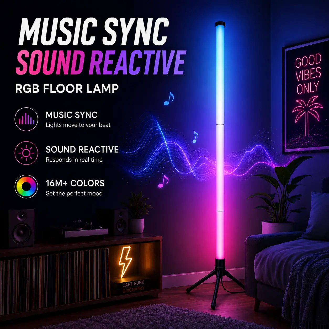 RGBIC Sound-Responsive Standing Light, Modern Corner Lamp with Ambient Color Scenes, Music Sync, Mobile App, Remote Control, Brightness Adjustment and Timer for Lounge, Bedroom & Entertainment Setup