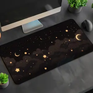 Simple Minimal Whimsy Dream Star Desk Mat, Kawaii Gothic Moon Cloud Mousepad, Lorcana MTG Playmat, Black Gold Celestial Witchy Office Gift