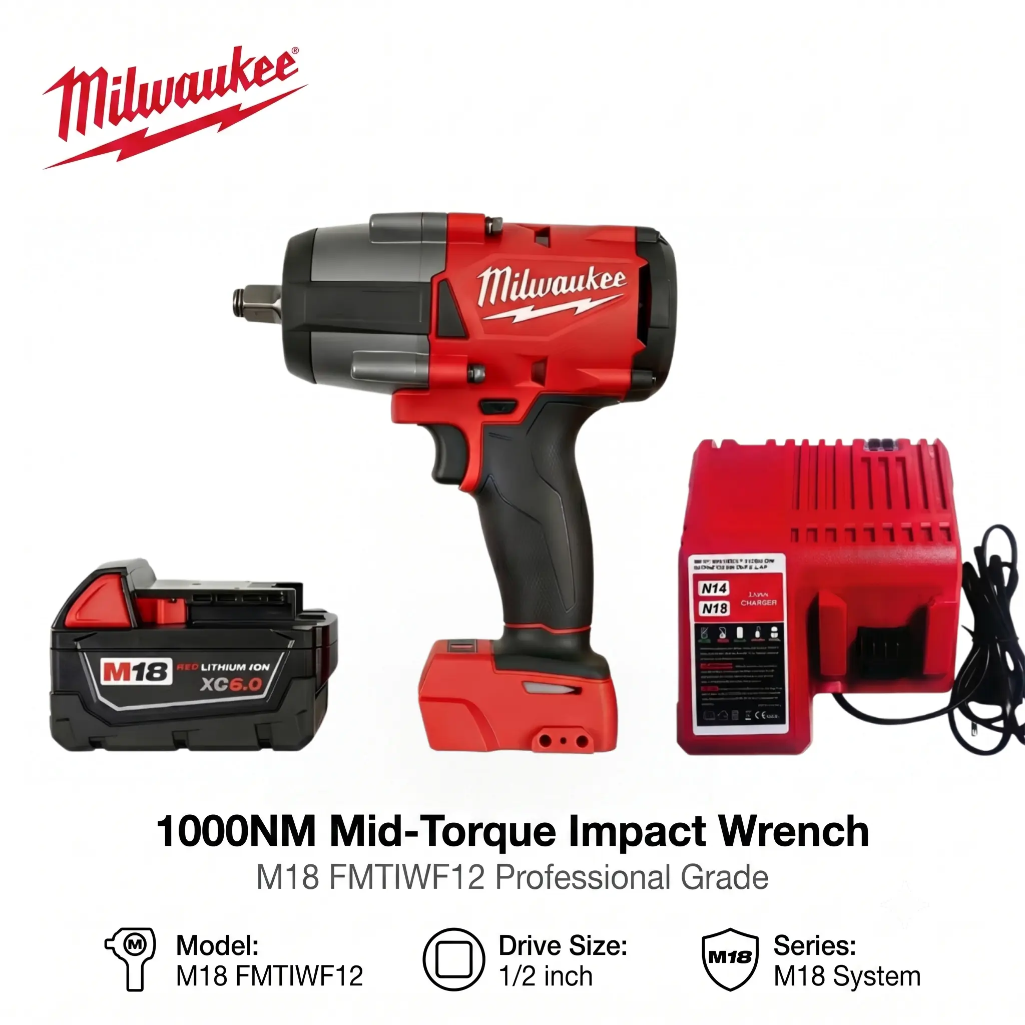 Milwaukee 18V M18 FMTIWF12 1000Nm Heavy-Duty 1/2-Inch Cordless Impact Wrench - Dual Speed, 4 Impact Levels, 2kg, M18 Battery-Interchangeable, Friction Ring, Bare Tool for Civil Construction Workers, Heavy Bolt Jobs maintenance truck, Tools And Gadgets