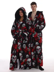 Elegant Skull Hooded Casual Loungewear Bathrobe for Home, Unisex Soft Comfortable Loose Nightwear Sleep Robe with Pockets for Valentine's Day Gift, Long Sleeve Washable Design