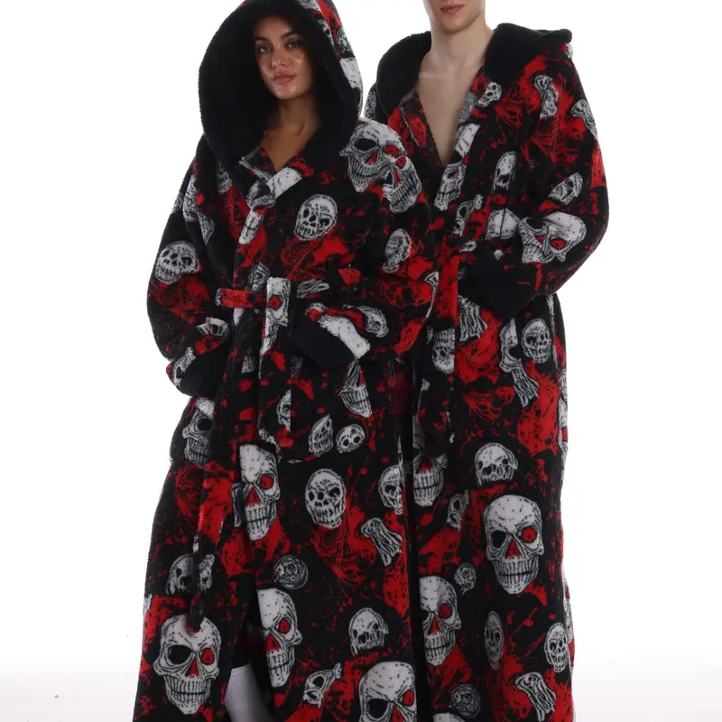 Elegant Chic Skull Print Hooded Casual Loungewear Bathrobe for Home, Unisex Soft Comfortable Baggy Loose Fit Nightwear Sleep Robe with Pockets for Valentine's Day Gift, Long Sleeve Washable Design, Cozy Soft Bathrobe