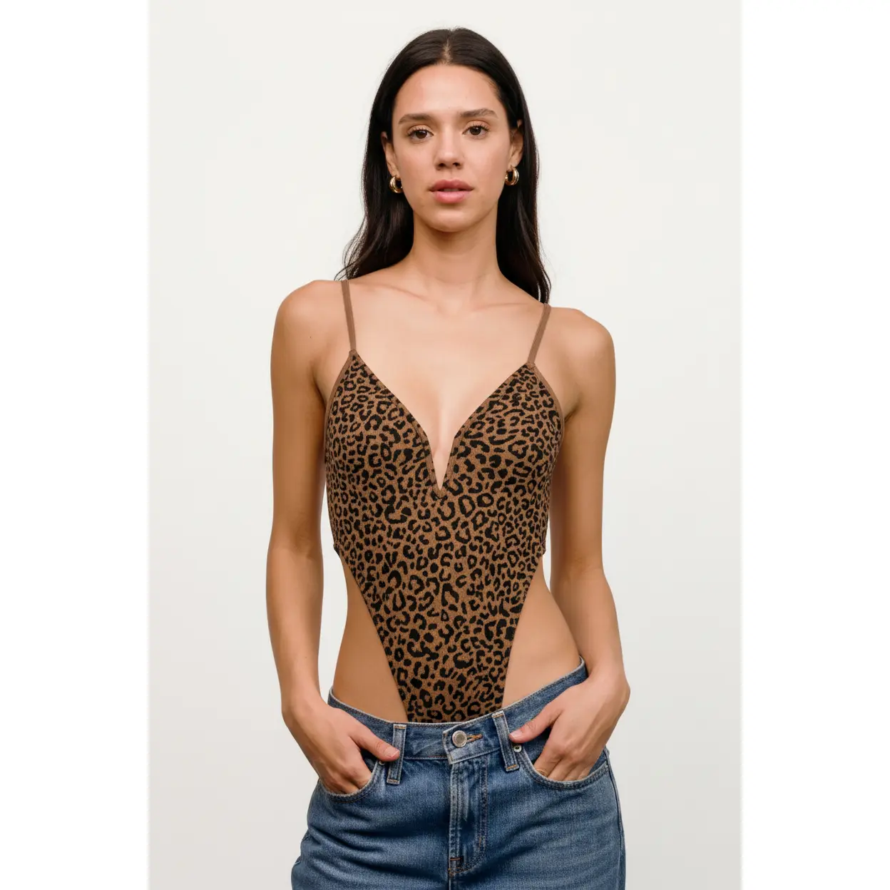 Women's Leopard Deep-V Sleeveless Bodysuit Top - Fitted Second-Skin Fit, Performance Compression Design, Spandex-Nylon Animal Print Fabric