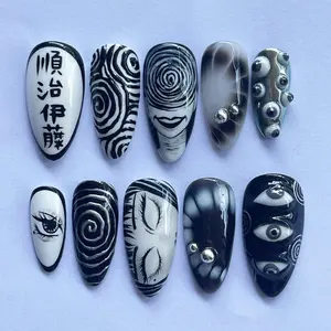 Anime Inspired Halloween Vibrant Freestyle Swirls Press on Nails, Gothic Nails, Creepy Black White Spiral Nail Art Custom Hand-painted Almond Reusable Fake Nails