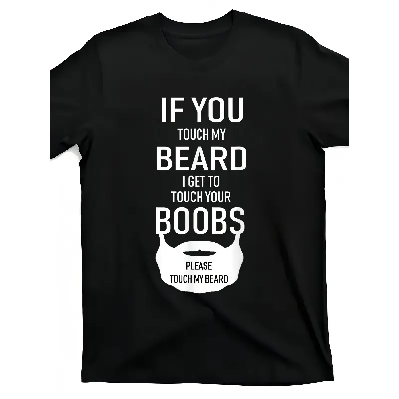 Men's Funny "Touch My Beard" Graphic T-Shirt - Black Casual Short Sleeve Tee with Beard Print, Breathable, Regular Fit for all-Season Comfort, Humorous Novelty Top for Casual Attire & Casual Outfits, PLUS SIZE Oversized Tshirt