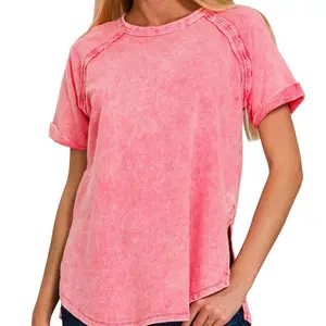 ZENANA F/TERRY ACID WASH SHORT CUFF SLEEVE PULLOVER- Comfortable