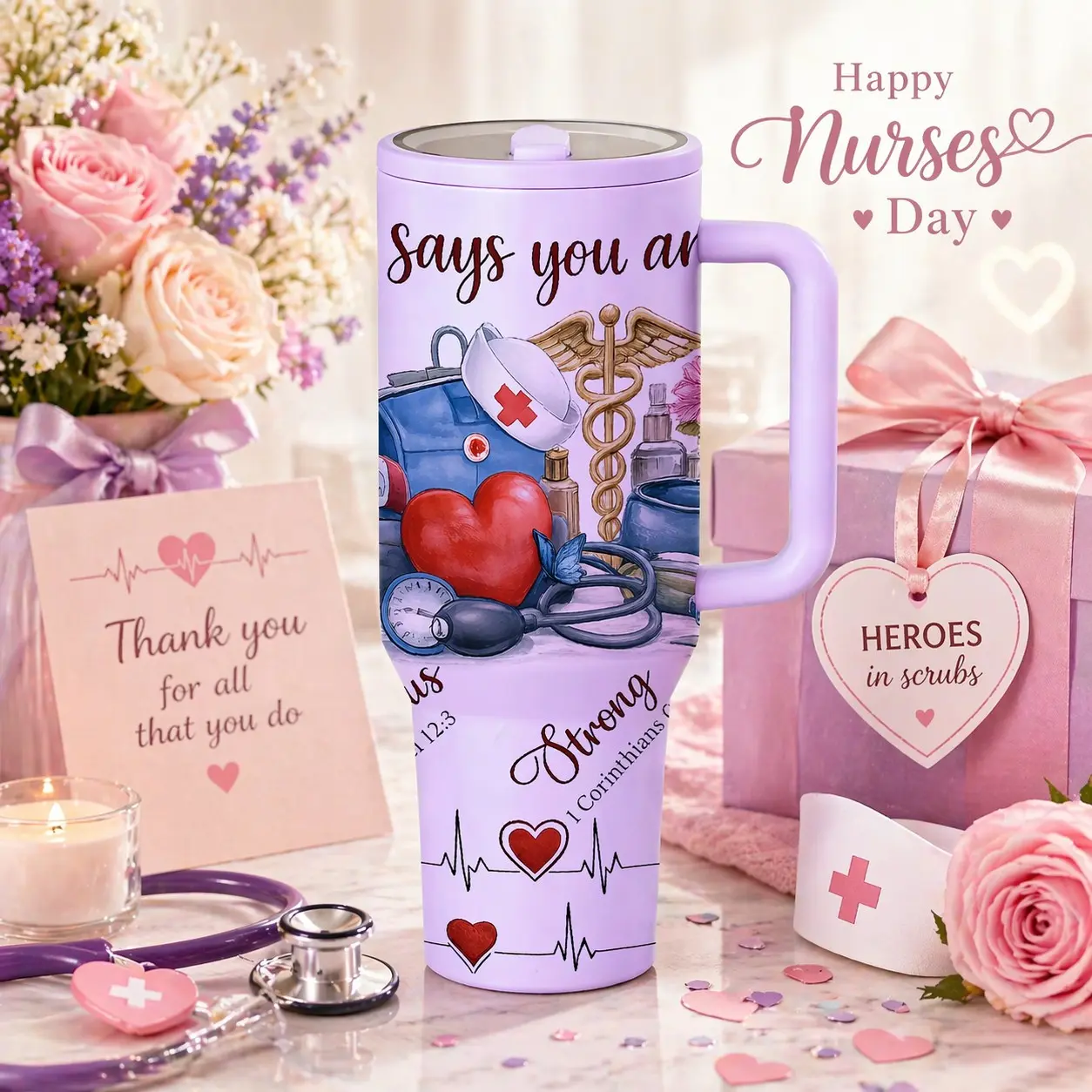 1 Pc 40oz Insulated Stainless Steel Mug, Double Wall Vacuum Cup, Leak Proof Thermal Mug, Keeps Hot 12h Cold 24h, Nurse Appreciation Gift, You Are Appreciated Design, Heart Stethoscope Print, Holiday Gift for Women Men, Insulated Drinkware, Tumbler