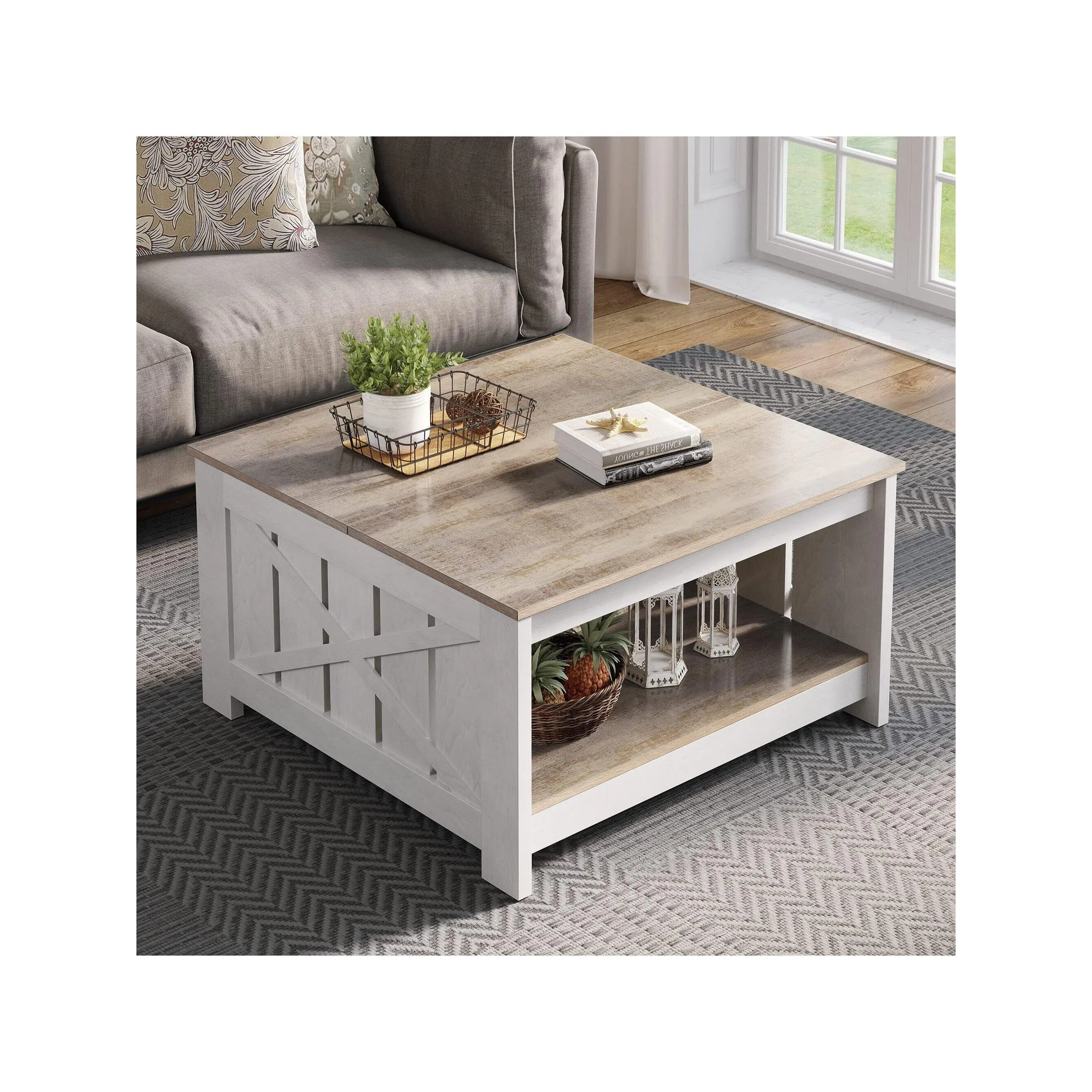 New 2024  Square Farmhouse Coffee Table With Half Open Storage Compartment For Living Room Gray White