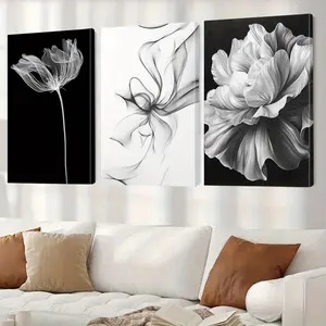 3 Piece Abstract Art Wall Decor Set, Natural Theme Minimalist Design, Dramatic Contrast Posters, Single Color Floral Paintings