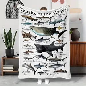[1pc Educational Blanket] 1pc Hypoallergenic Educational Flannel Blanket - Sharks of the World | Durable, Tear-Resistant, Coasta summerwins