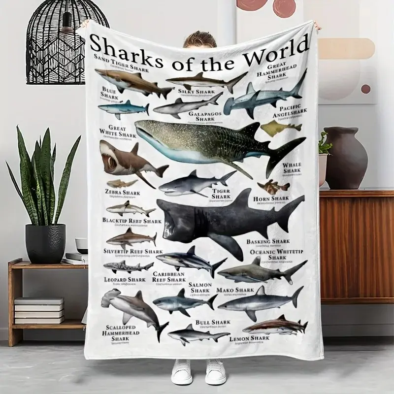 [1pc Kids Animal Artwork Flannel Blanket] Hypoallergenic, Durable, Tear-Resistant Educational Blanket - Sharks of the World | Cozy Bedding Throw for Textiles & Soft Furnishings, Kids Blankets, Animal Artwork Blankets