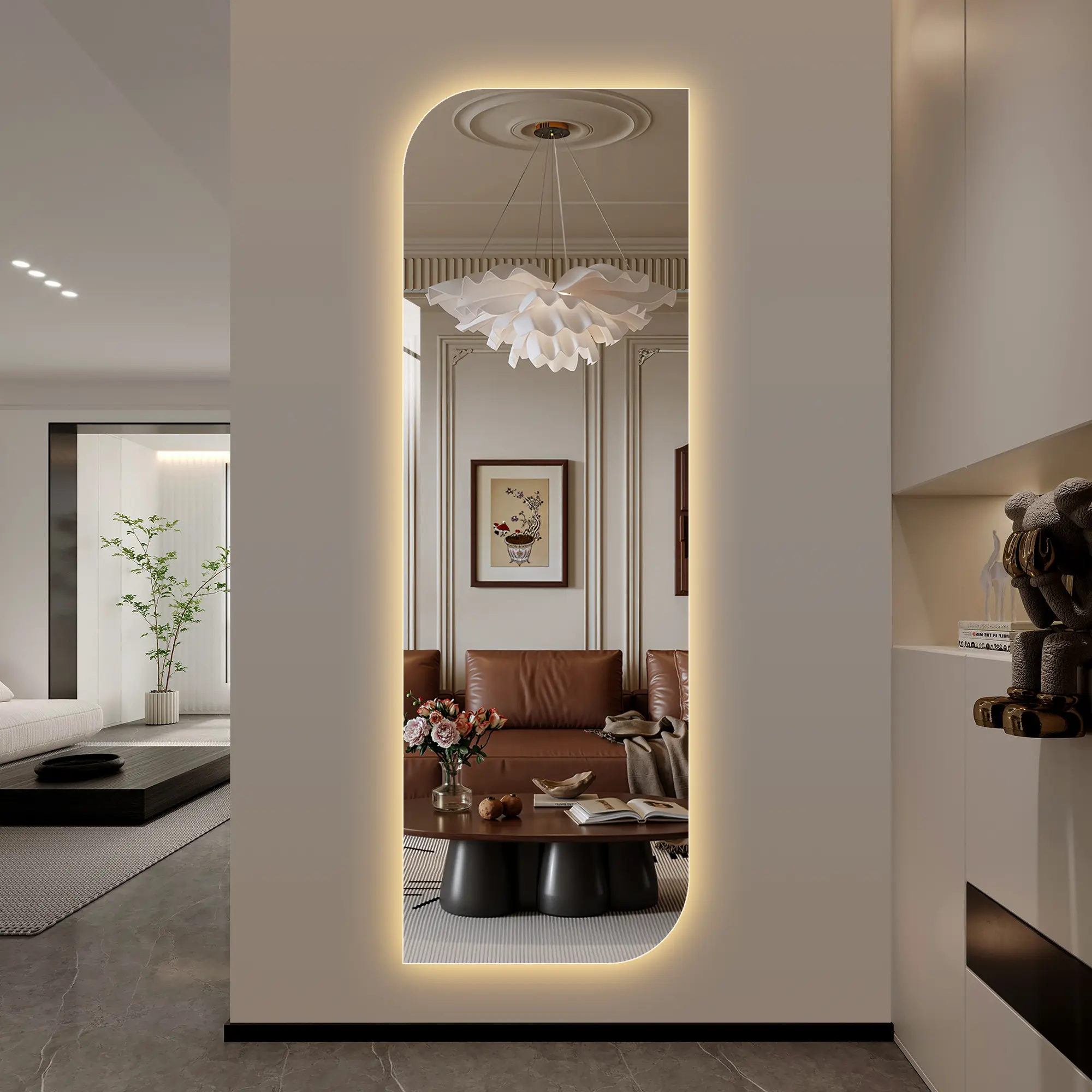 65"x21" Modern Wall Mounted LED Full Length Mirror, Irregular Shape, 3-Color Dimmable Lighting, 5mm Copper-Free Silver Glass, Adjustable Installation for Entryway, Bedroom