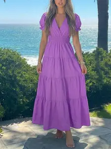 EG fashion Solid V Neck Short Puff Sleeve Tired Maxi Dress