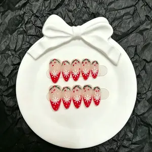 Trending Christmas Red French Snowflake Holly Berry Almond Acrylic Press-on Nails |   Handmade Crystal Decor, Reusable Handmade Wearable Armor, Persistent Live Shooting, Handmade Press Nails, Gel X Acrylic Set, Removable Reusable Fake Nails