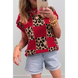 Red Leopard Checkerboard Short Sleeve Knit Sweater