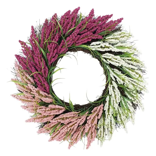 Pink & White Heather Floral Wreath – Spring & Summer Front Door Botanical Home Décor