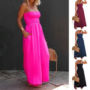 Goranbon Womens Sleeveless Strapless Wide Leg Jumpsuits Summer Casual Loose Smocked Chiffon Jumpsuit Rompers with Pockets