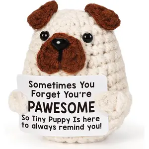 Positive Crochet Animals Puppy for Mom Women Friend Birthday, Emotional Inspirational Support Presents for Pet Lover Dog Mom Dad, Cute Handmade Tiny Pug Plush Doll