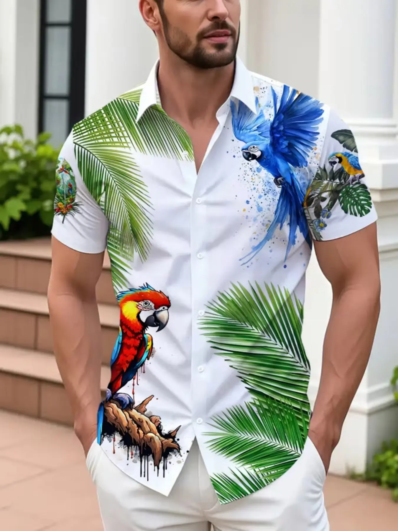 Men's Tropical Hawaiian Coconut Tree & Bird Design Printed Casual Collared Polo Shirt, Menswear Short Sleeve Button Front Button Up Shirts Summer Casual Blouse, trendy casual shirt, Vacation Beachwear, Summer Apparel