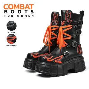 Combat Boots For Women Platform Boot Round Toe Side Zipper Chunky Block High Heel Buckles Lace Up Flame Fashion Date Punk Rave Party Concert  Nightclub Cyberpunk Gothic Trendy Booties