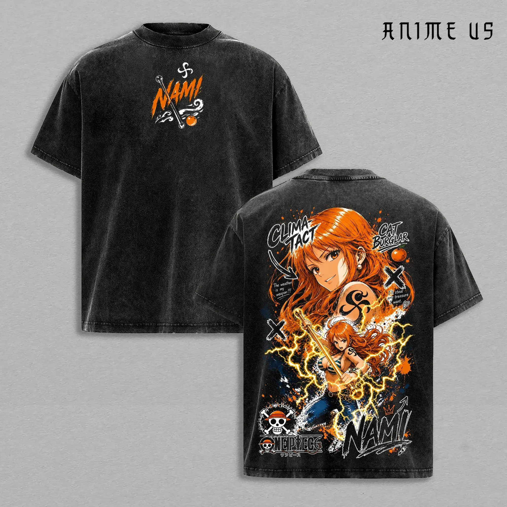 Nami Vintage Washed T-Shirt OP Anime Graphic Tee Oversized Streetwear Shirt Cat Burglar Manga Fan Gift Unisex Clothing