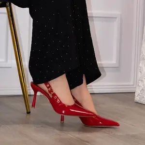 Candy - Patent Grommet Strap Slingback Heels - Elegant Glossy Pointed Toe Sandals with Adjustable Straps for Business Casual & Trendy Outfits - Walking Shoes