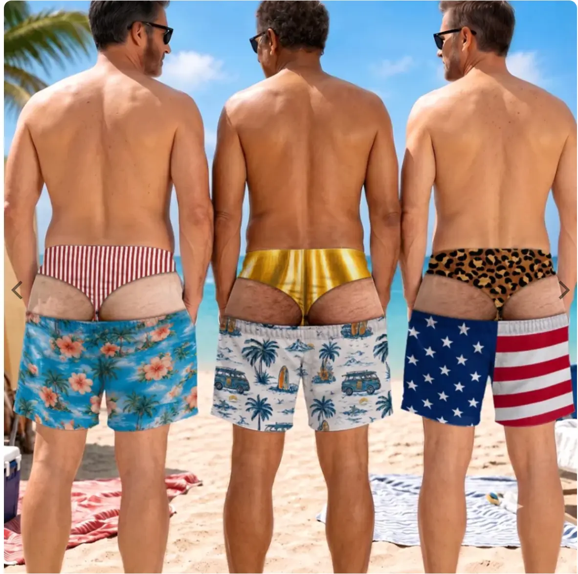 Men’s Swim Trunks with Pockets, Quick Dry Beach Shorts, Lightweight Summer Vacation Board Shorts,Funny Illusion Swim Shorts, Funny Fake Thong Swim Trunks for Men 3D Speedo Illusion Beach Shorts
