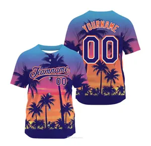 Custom Sunset Baseball Jersey, Personalized Team Name Sports Shirt, Tropical Palm Button Up Jersey with Custom Name & Number