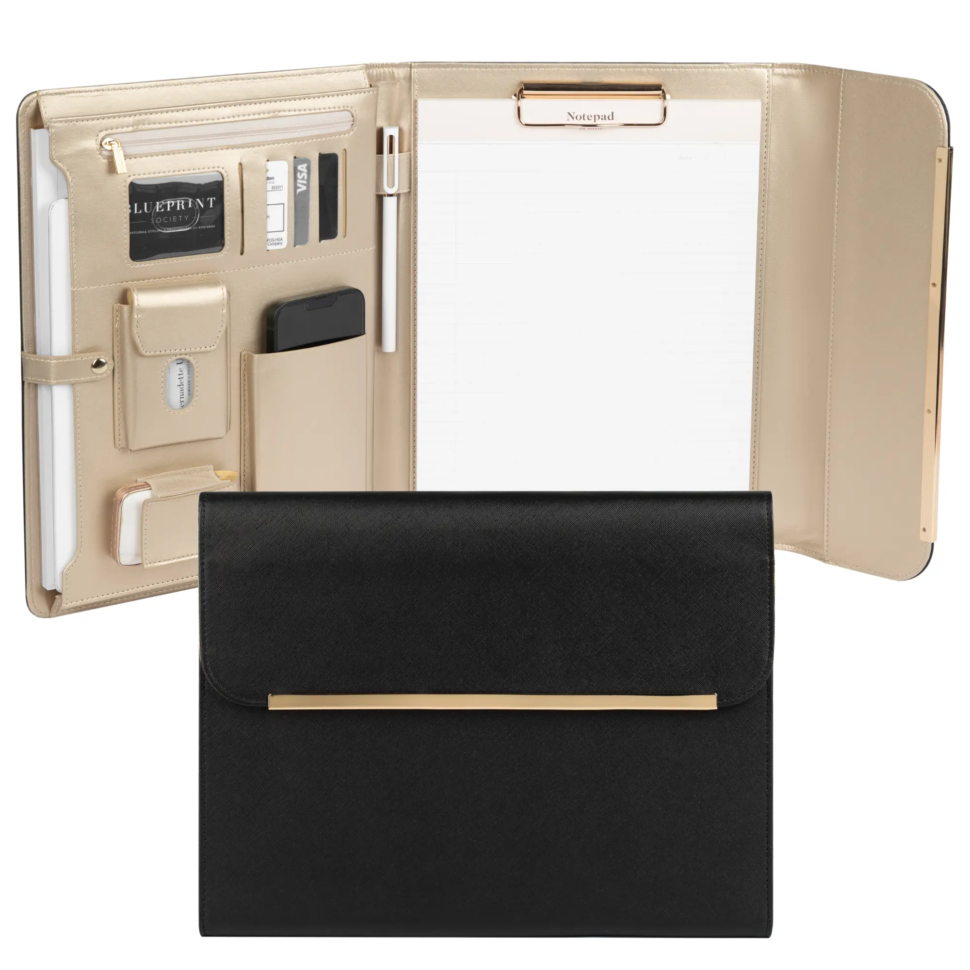 Blu Monaco Professional Vegan Leather Padfolio for Women - Office Desk Organizer with Gold Accents, Magnetic Closure, Business Card Holder, Work Accessories, College School Supplies