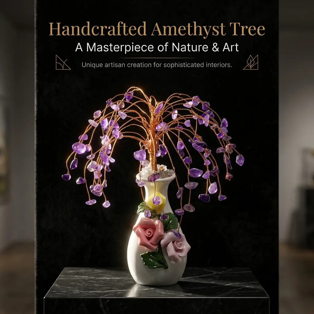 Handmade Craft Natural Amethyst Crystal Tree, Copper Wire Purple Gemstone Bonsai Sculpture in Ceramic Bowl, Chinese New Year Home Office Desk Decor Centerpiece That Attracts Financial Success, Lifelike