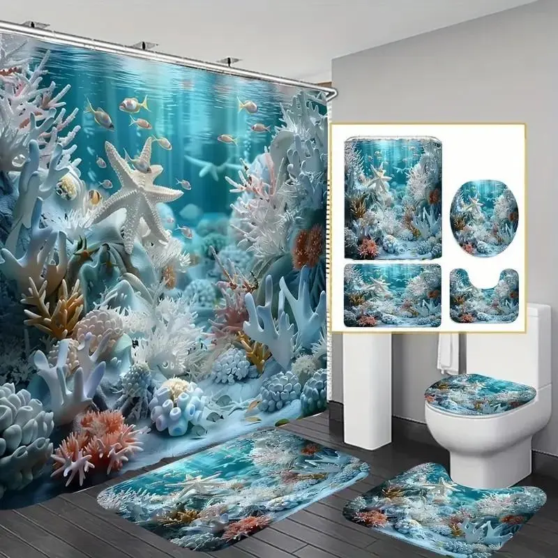 1/4pcs Ocean-themed Shower Curtain Set, includes non-slip mat, U-shaped rug, and toilet seat cover. Perfect for bathroom decoration, partitioning, and beautifying the space. Comes with 12 shower curtain hooks. Shower Essentials, Bathroom Accessory