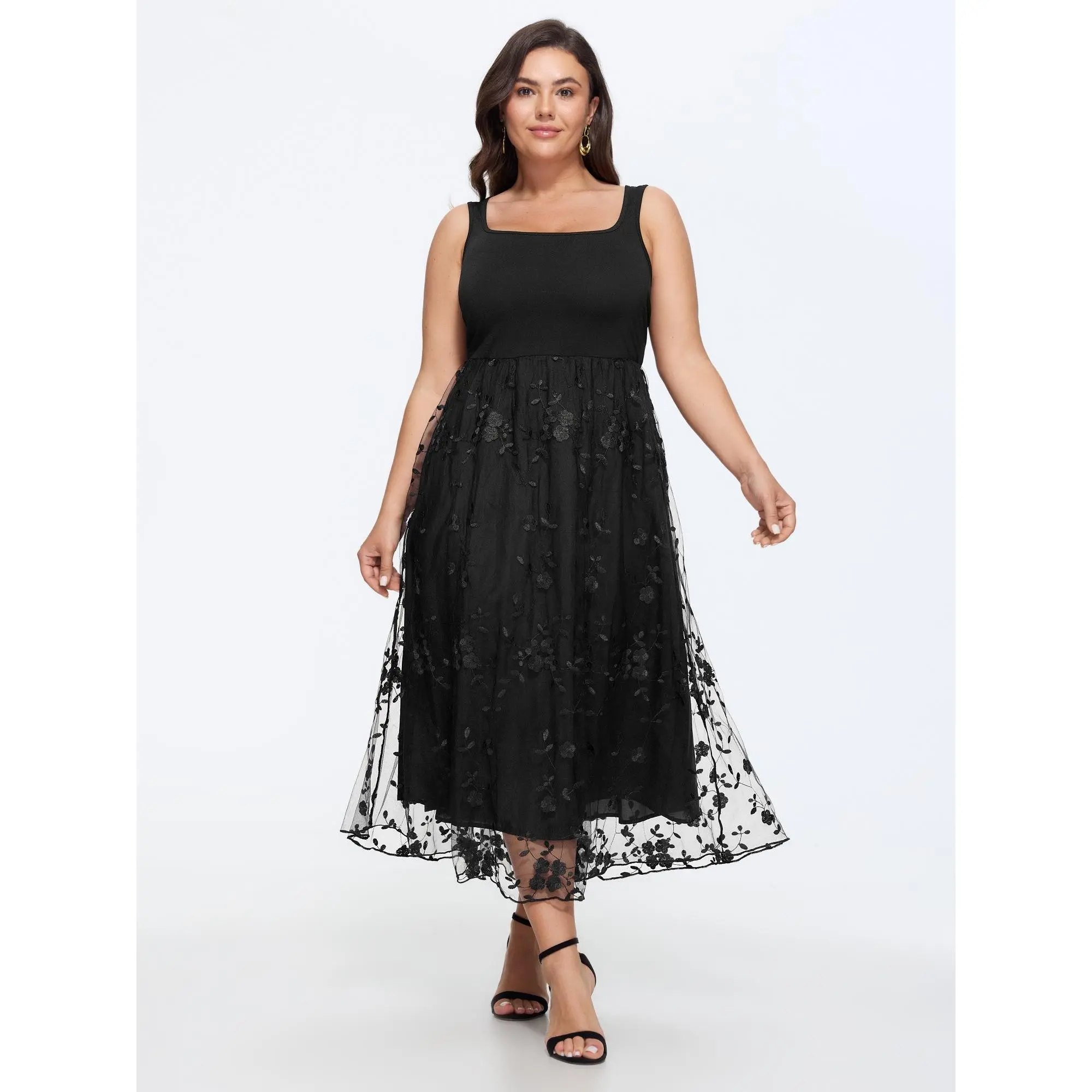 BloomChic Plus Size Floral Embroidered Mesh Cami Dress, Timeless Black Midi with Square Neck and Side Pockets, Polyester, Smooth, Garment, Nylon