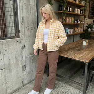 Women's Fleece Jacket Fashion Long Sleeve Stand Collar Zip Up Checkered Jacket Fall Winter Outwear