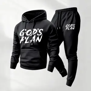 Men's God's Plan Print Hoodie and Drawstring Sweatpants Set, Menswear, Casual Athletic Long Sleeve Hooded Jacket & Trousers for Fall & Winter, Men's Clothing for Daily Wear, Sportswear Indoor Outdoor, Tracksuit, Athleisure Summer Clothes