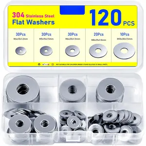 120 count Washers for Screws,  Stainless Steel Flat Washer Assortment with 5 Sizes M4 M5 M6 M8 M10, Metal Assorted Large Washer Set, Washers for