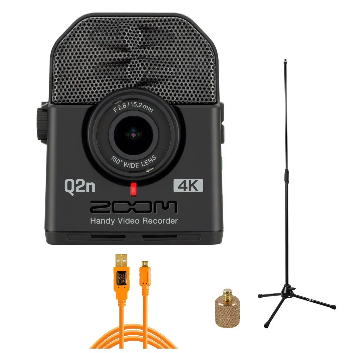Zoom Q2n-4K Handy Video Recorder - Live Streaming Kit, Includes Tripod Mic Stand + Tether Tools TetherPro 15' USB 2.0 A Male to Micro-B 5 Pin Cable