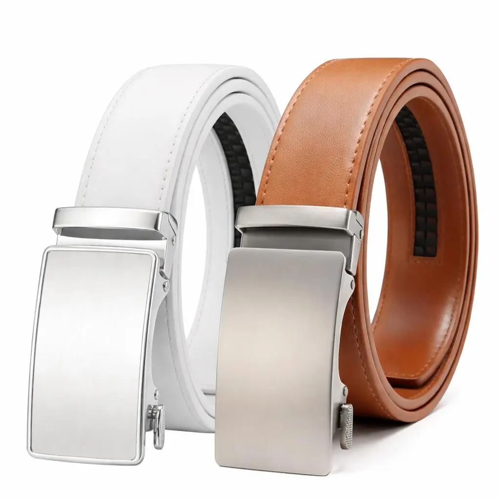2 Pack Men’s Ratchet Belts Adjustable Automatic Buckle Dress Casual Waist Belts White Brown