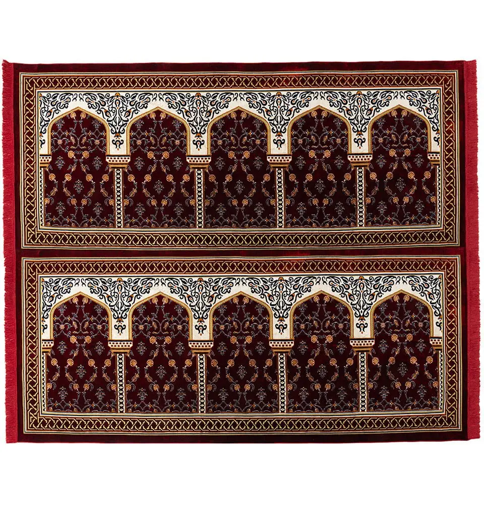 Wide 10 Person Masjid Islamic Prayer Rug - Floral Arkan Red